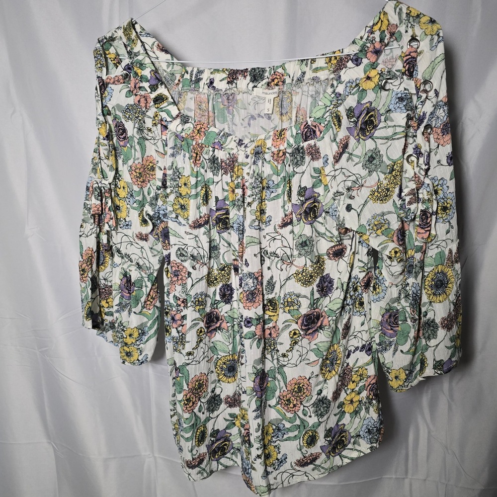 Maurices Floral Off Shoulder Grommet Lace Up Bell Sleeve Rayon Top Small